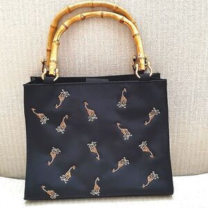 Prezzo Embroidered Giraffe Black Mini Tote Bag with Bamboo Handles